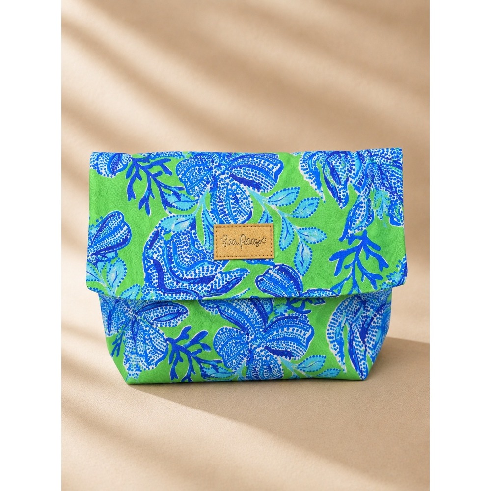 Lilly Pulitzer Women Makeup Bag OS Green Blue Floral Coral Foldover Pouch
